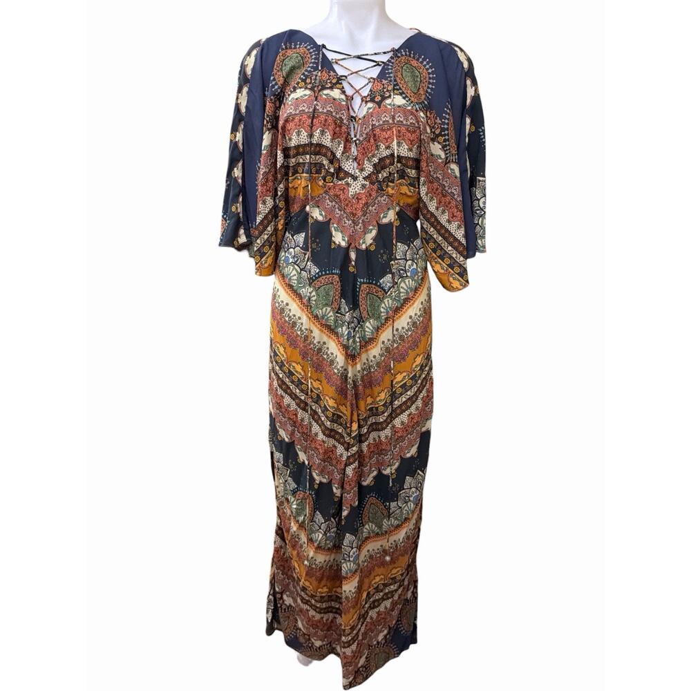 Farm Rio Multicolor Printed Maxi Dress Lace-up Neckline Butterfly Sleeve Size S